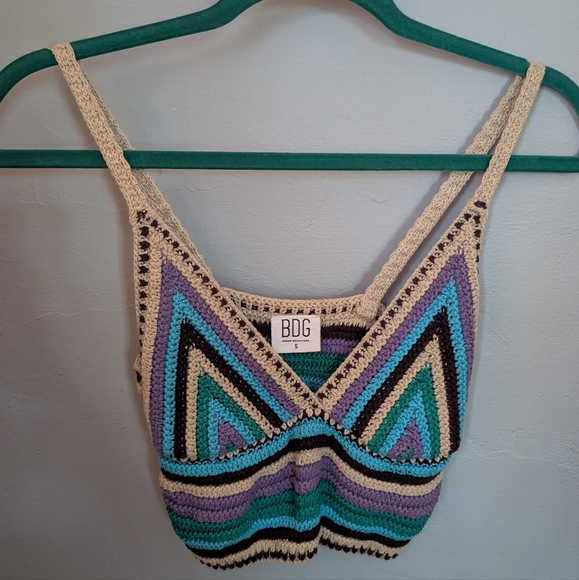 BDG Blue and Cream Crochet Cropped Bustier Tank Top - Picture 1 of 6